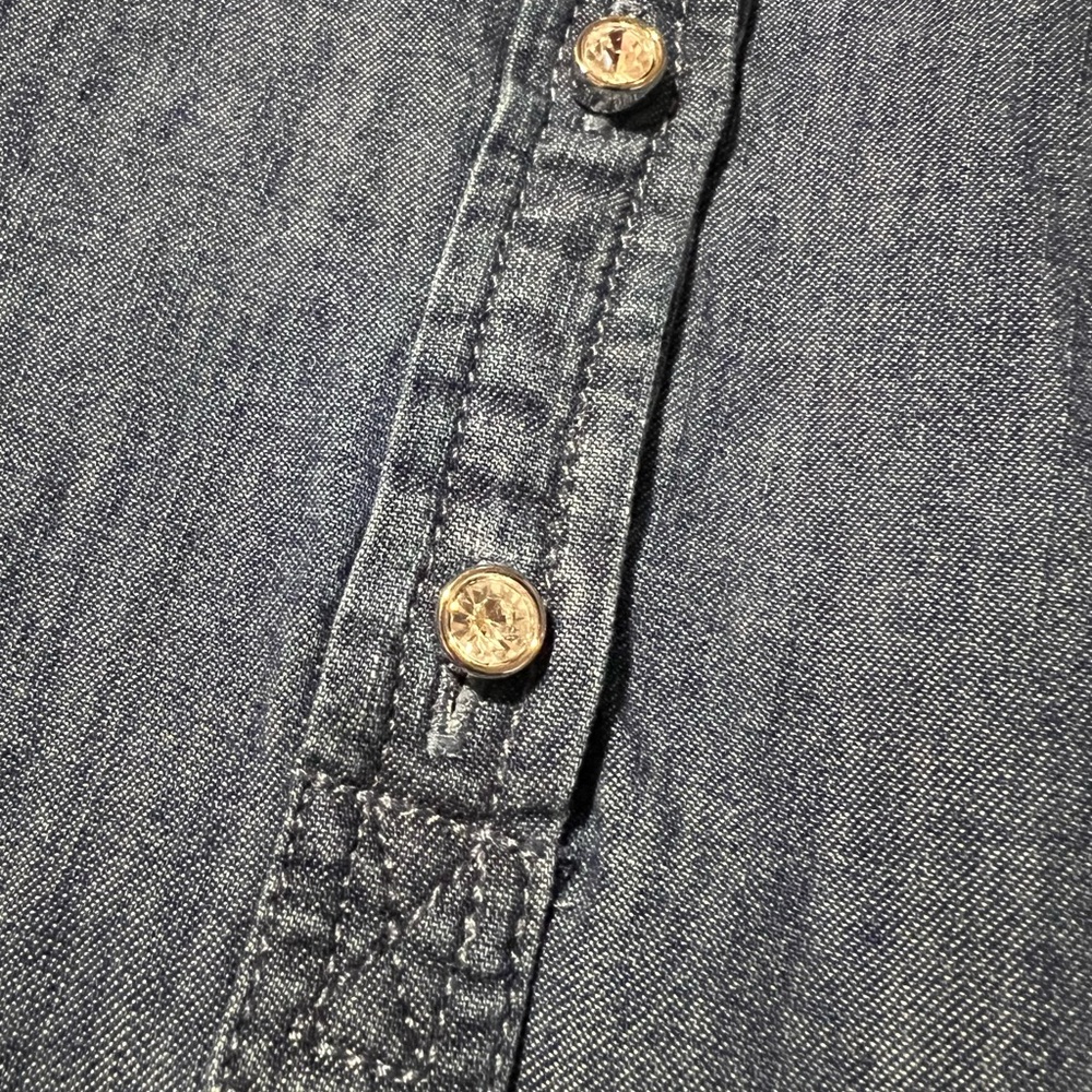 NWT Talbots Denim Chambray Ruffled Collar Top Rhinestone Buttons 100% Cotton PL - Picture 7 of 14